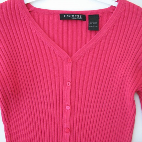 Vintage Y2K 90s Express Cardigan Sweater V-Neck Button Up Long Sleeve Neon Pink - Picture 4 of 9